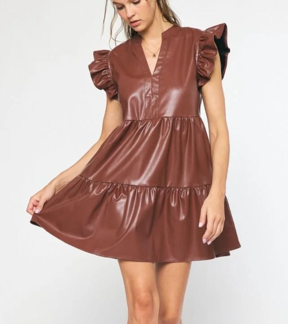 Entro XL Brown Faux Leather Tiered Mini Dress Ruffle Flutter Sleeves V Neck
